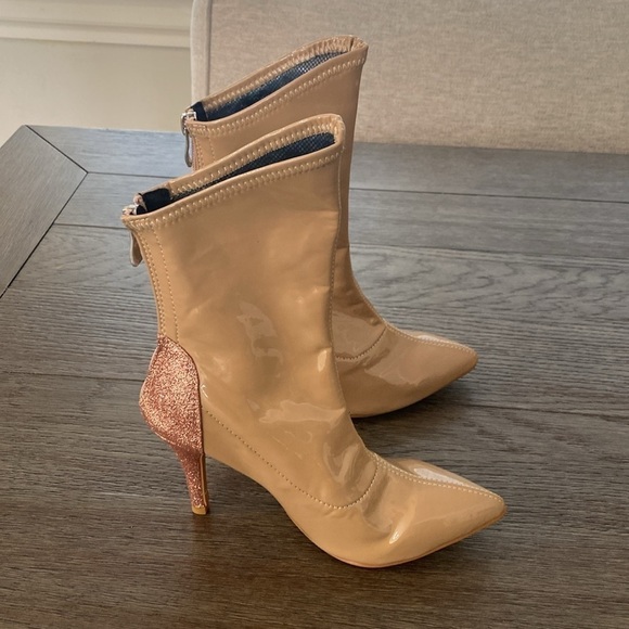 NWT BURJU Tan Patent Leather Pointed Toe Rose Gold Sparkly Heel Booties | 5 - Picture 11 of 12